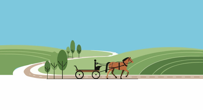 Horse pulling wooden wagon on rural country road in sunny landscape