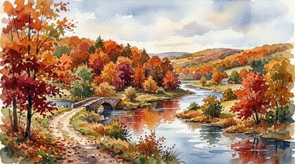 Obraz premium Vibrant Autumn Landscape with River and Colorful Trees Watercolor Painting