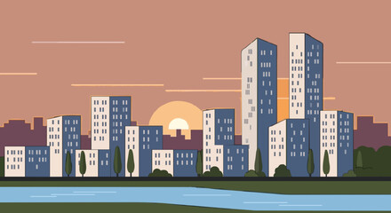 Fototapeta premium Modern urban residential skyline at sunset with waterfront reflection