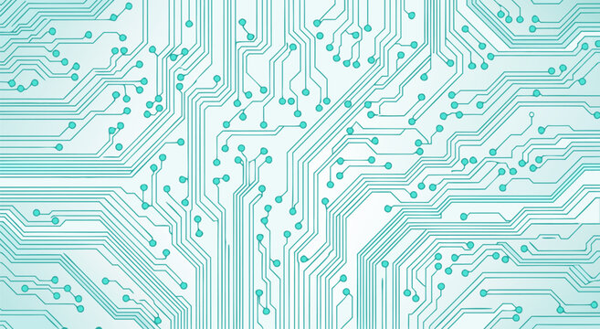 Abstract light blue circuit board pattern with glowing dots representing data flow and connections in technology.
