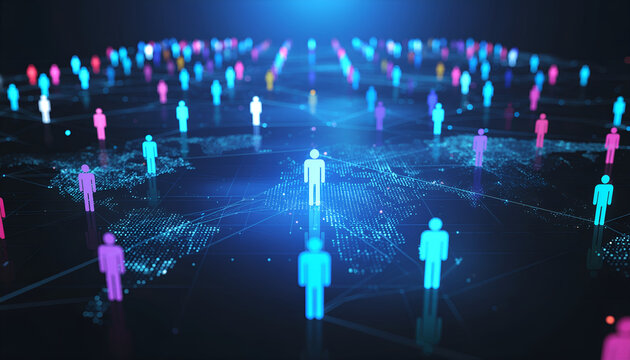 Colorful customer profiles on a digital analytics grid visualize audience segmentation, diversity, personalization, AI insights, and modern data-driven marketing strategies.