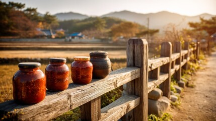 Naklejka premium Traditional Jars of Preserved Food on Wooden Fence in Scenic Countryside with Mountains and Sunlight Glimmering in Autumn Atmosphere