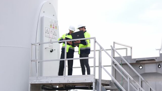 Focused Asian engineering managers analyzing renewable ecological power grid progress outdoor. Tech industrial workers tracking windmill utility operations near giant generator.