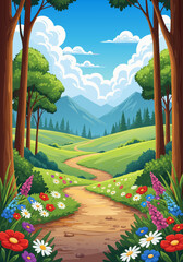Naklejka premium Vibrant cartoon landscape with a winding path through a flower-filled meadow and lush green trees leading to distant mountains under a blue sky with fluffy clouds.