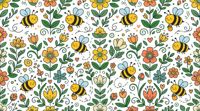 Happy bees flying in a garden of colorful spring flowers pattern