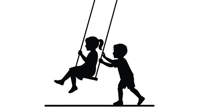 Silhouette vector illustration of a young boy pushing a little girl on a playground swing set