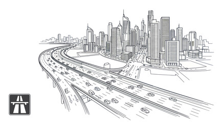 Fototapeta premium City skyline and busy highway traffic in architectural sketch style