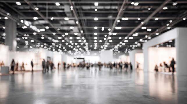 Modern spacious indoor exhibition hall with visitors and displays
