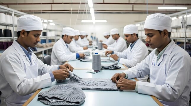 Technicians in a Textile Factory Test Yarn and Inspect Woven Fabric Samples on Worktables Under Bright Industrial Lighting
