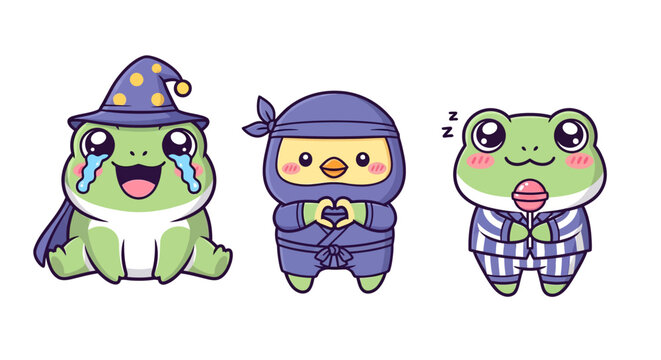 Cute Cartoon Frogs in Whimsical Costume Outfits Set.