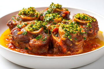 Fototapeta premium Traditional Italian Osso Buco with Braised Veal Shanks in a Delicious Sauce Garnished with Herbs