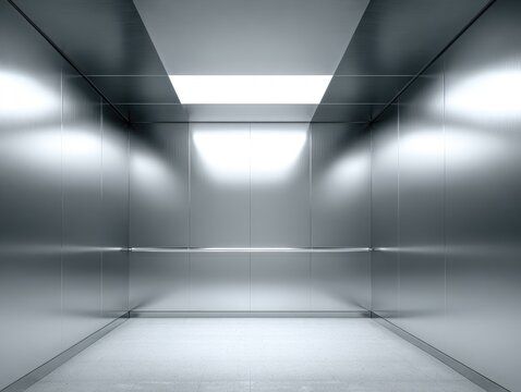 Interior perspective of a modern, empty elevator cabin with metallic walls, clean lines, and a bright ceiling light