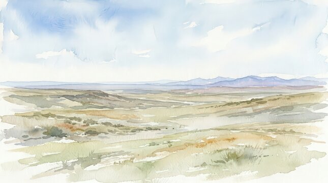 Watercolor painting of a vast serene landscape with rolling hills under a soft cloudy sky