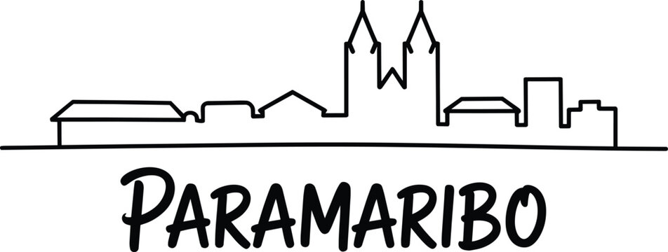 Paramaribo city skyline, minimalist vector illustration featuring landmark buildings, urban cityscape architectural design and south american in outli