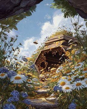 Serene beehive entrance framed by wildflowers on a sunny meadow, guard bees fanning wings to ventilate, honey droplets glistening,
