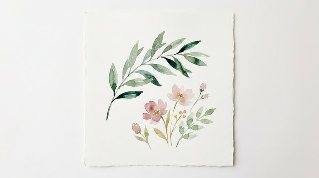 Watercolor painting of delicate flowers and green leaves on a white background