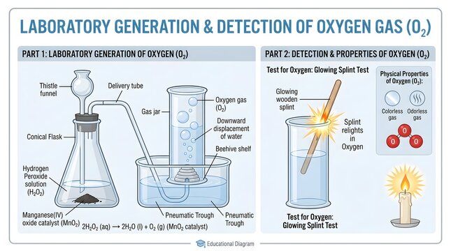 Simplified school laboratory setup for generation of oxygen gas from hydrogen peroxide and manganese dioxide with gas collection and glowing splint test, highlighting key apparatus, procedural steps a
