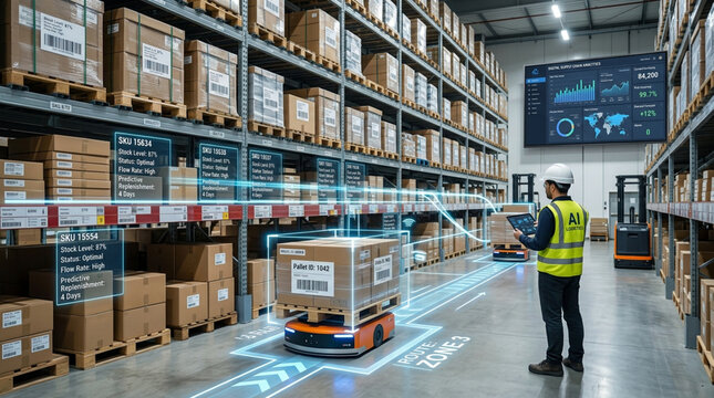 Warehouse automation future digital logistics with robots and ai interface data.
