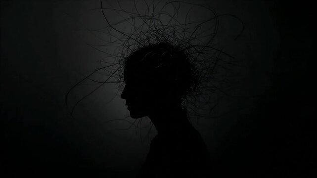 Silhouette head profile featuring swirling chaotic lines representing complex thoughts or mental stress in this dark artistic motion video