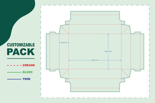 Flat dieline template for a rectangular food tray, featuring crease, bleed, and trim lines with precise millimeter measurements for packaging production
