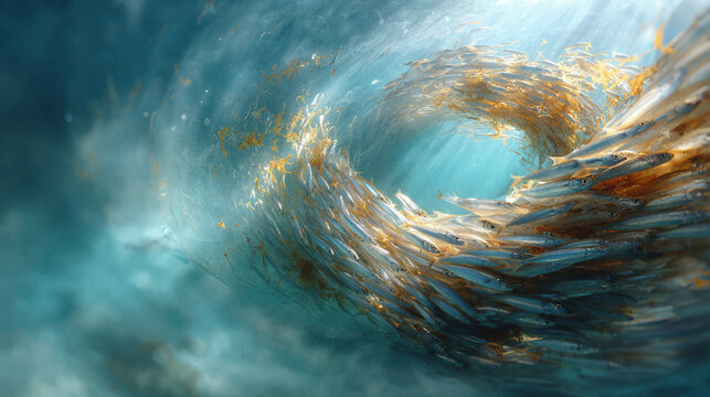 Massive school of sardines swirling in the ocean depths with sunlight filtering through