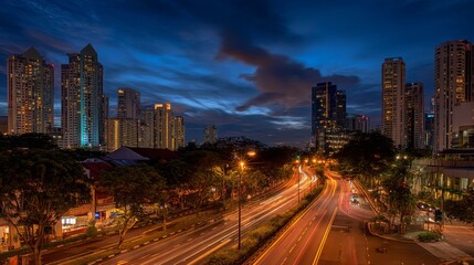 Fototapeta premium Vibrant Night Cityscape with Illuminated Skyscrapers and Light Trails on Busy Road in Urban Setting at Twilight