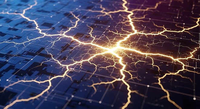Electricity flows through a dark grid network with bright yellow lightning