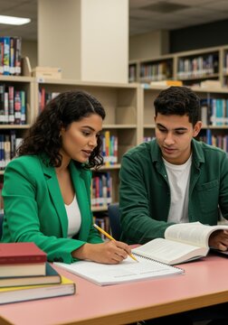 Woman in green blazer sitting with student at library desk and reviewing course materials for tutoring service marketing, university mentoring and academic support