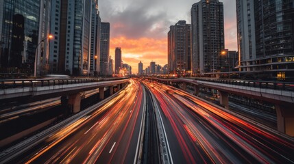 Obraz premium Busy urban highway at sunset with vibrant light trails from speeding vehicles and modern skyscrapers under a dramatic sky in a bustling city environment