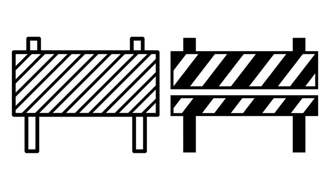 Road barricade icons, diagonal stripe contrast, construction zone symbol, restricted area marker, black and white minimal design, safety signage.