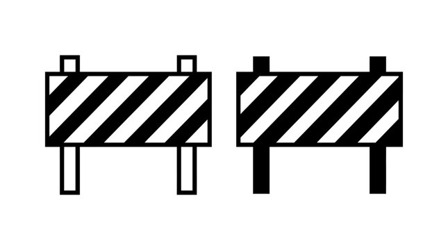 Road barricade icons, diagonal stripe contrast, construction zone symbol, restricted area marker, black and white minimal design, safety signage.