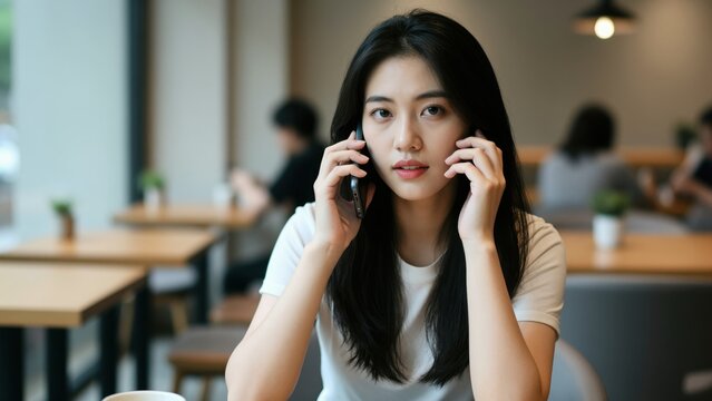 Busy Signal: A young Asian woman with long, dark hair sits at a cafe table, looking stressed as she juggles two phone calls simultaneously.