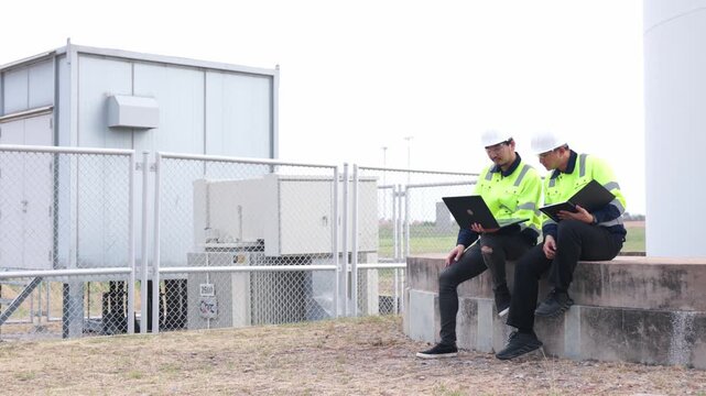 Corporate Asian renewable energy experts reviewing drone data on tablet screen inside wind farm. Technical safety engineers analyzing ecological clean electricity generation.