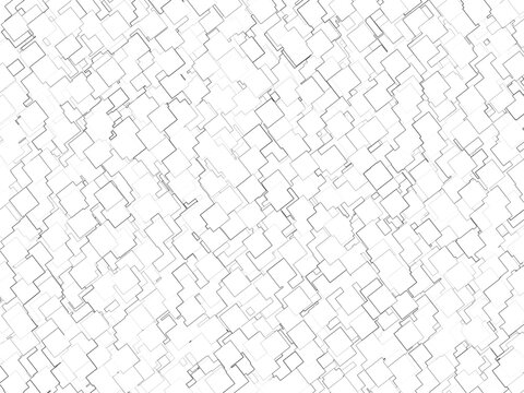 Abstract seamless pattern of minimal black thin outline squares overlapping on a clean white background, geometric high-tech structure.