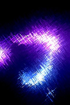 Abstract cosmic explosion with bright white, neon blue, and purple grid lines glowing against a deep black background.