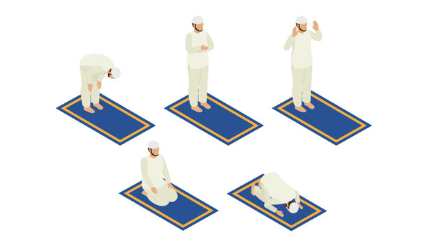 Muslim Man Praying Salah Movements on Prayer Rug Isometric Concept
