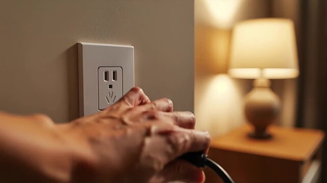 Hand unplugging electrical cord from wall socket in warm home interior lighting motion video clip for energy saving concepts