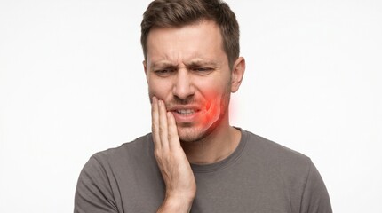 Naklejka premium Man Touching mouth with Hand Showing Discomfort and Pain in Neutral Indoor Setting