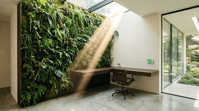 Biophilic Home Office with Skylight Sunbeam and Vertical Green Wall