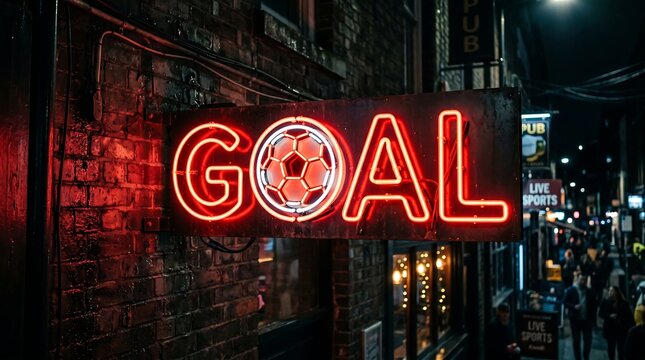 Photorealistic 3D render of a bright glowing custom neon sign tube script text spelling goal