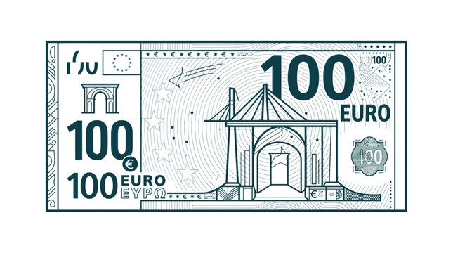 One hundred euro banknote in a detailed linear outline style