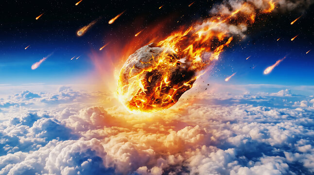 Huge burning meteor falling through Earth atmosphere with fire trail over clouds digital illustration