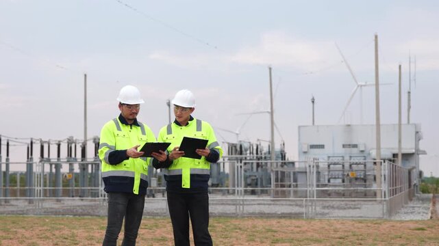 Aged Asian helmet technicians collaborating on windmill green power maintenance grid network. Two industrial engineering experts working inside sustainable alternative utility.