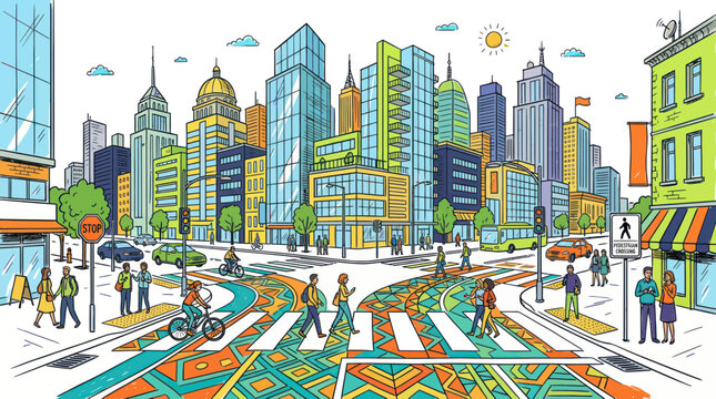 Vibrant city intersection with people walking and cycling