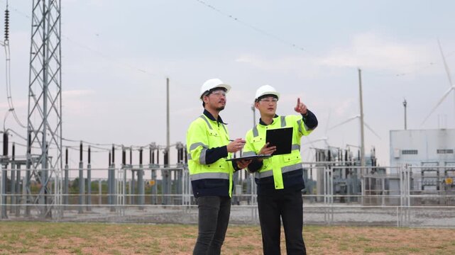 Two Asian male engineering coworkers analyzing renewable turbine data layout on tablet screen. Focused industrial technicians managing green clean electricity utility station.