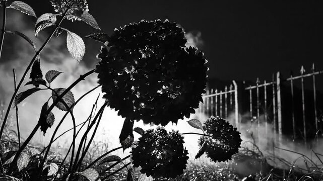 Mysterious monochrome hydrangea with foggy graveyard background in atmospheric black and white