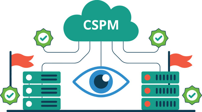 Cloud infrastructure security monitoring is visualized with server towers and check marks in this diagram.