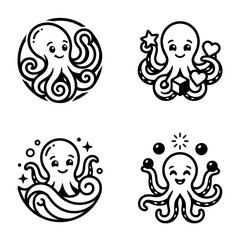 Fototapeta premium Cartoon octopus characters smiling faces.