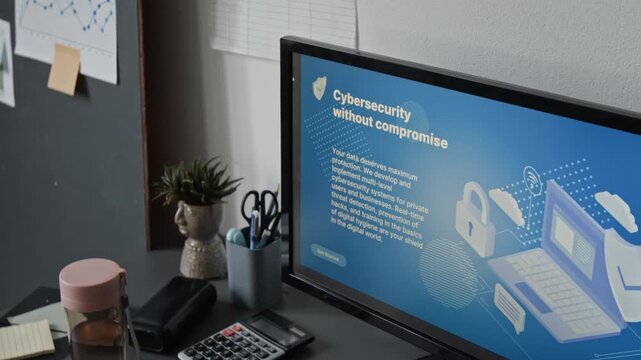 Computer monitor displaying cybersecurity website on office desk, showcasing data protection services. Footage serves as ideal visual for IT security promos and corporate data safety campaigns