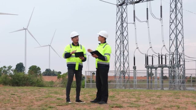 Professional Asian utility team cooperations near huge electricity generator station layout field. Two male safety engineers reviewing clean alternative power system grid network.